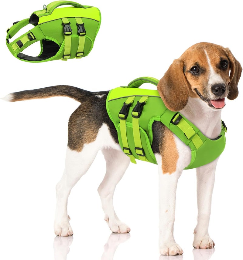 Queenmore Dog Life Jacket, Adjustable Ripstop Dog Life Vest for Swimming Boating, Pet Lifesaver with Superior Buoyancy and Rescue Handle, Pet Swimming Safety Vest(Green,L) - Image 1